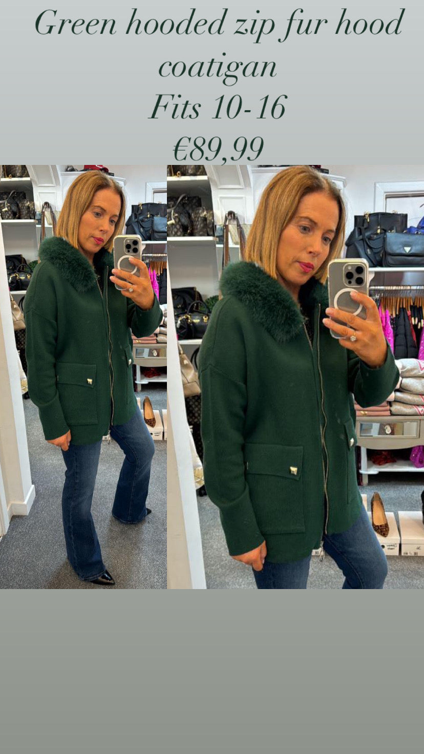 Green   hooded zip fur hood coatigan