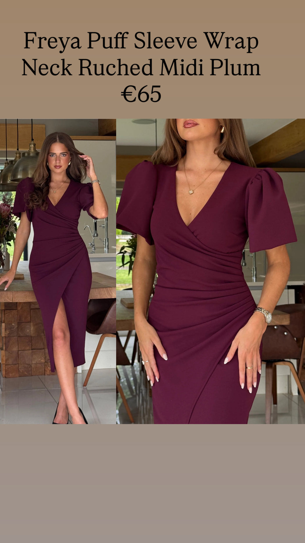 Freya Puff Sleeve Wrap Neck Ruched Midi Plum
