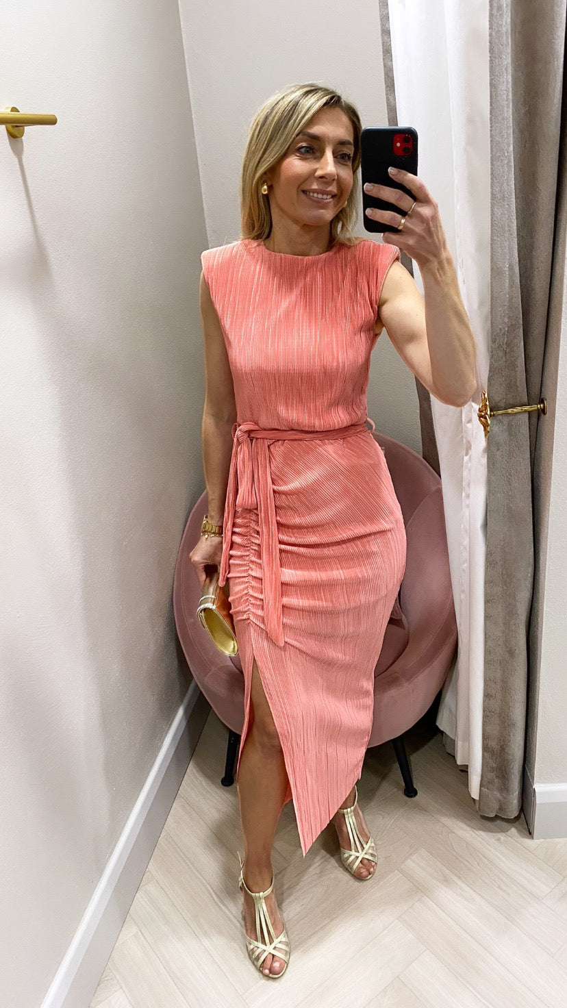 Elena Ruched Seamed Midi Dress Coral