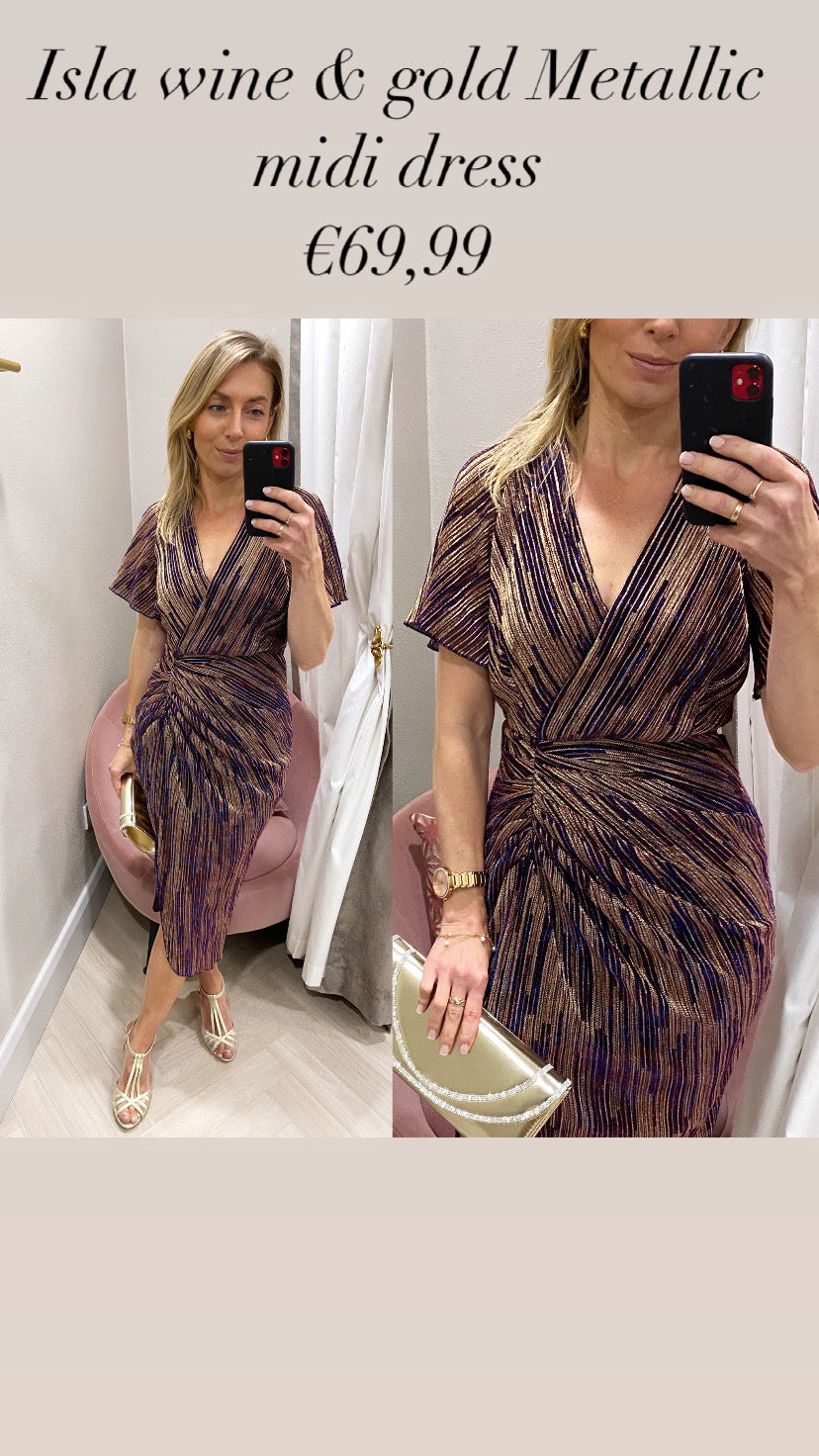 Isla wine & gold Metallic midi dress