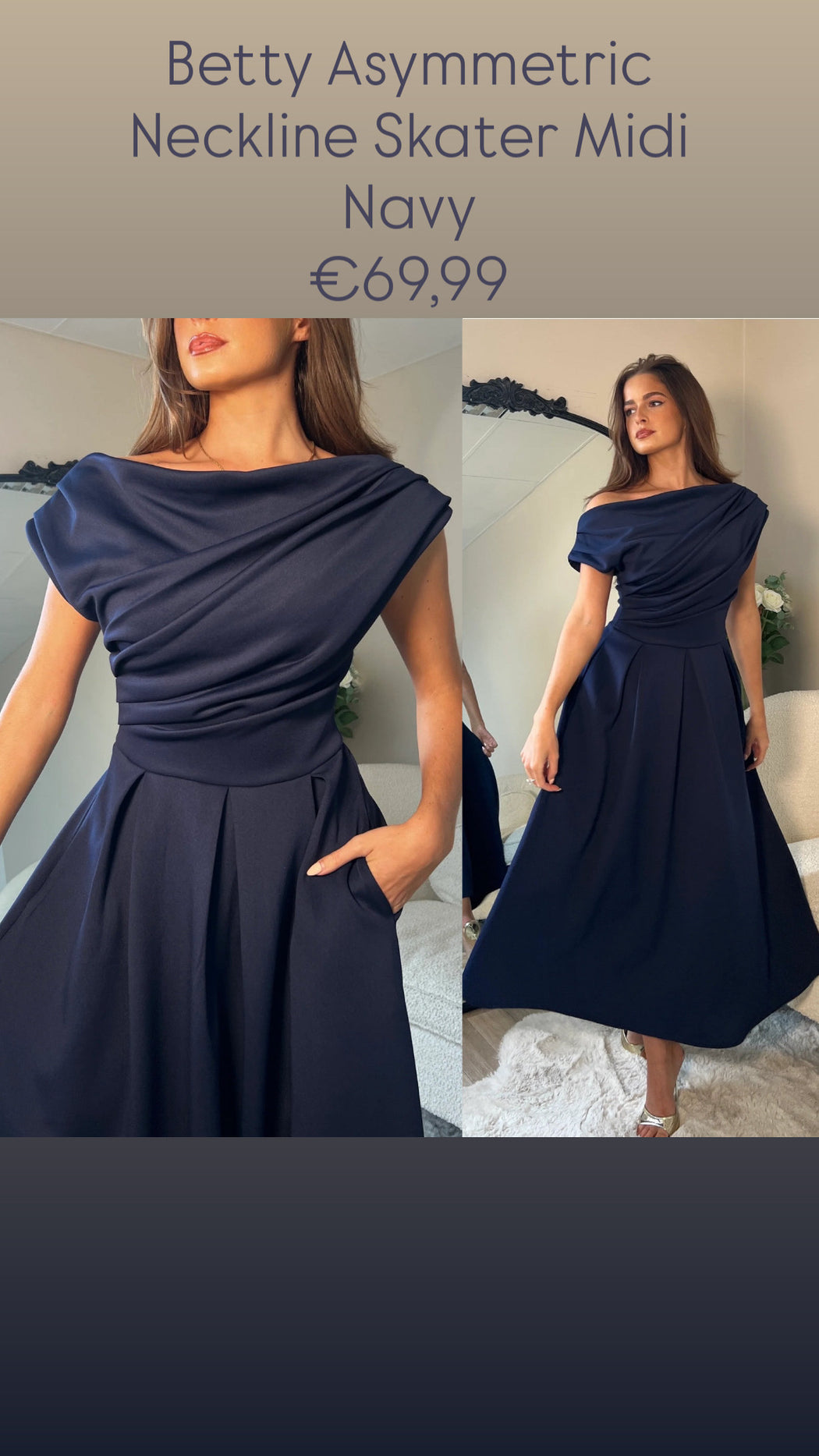 Betty Asymmetric Neckline Skater Midi Navy