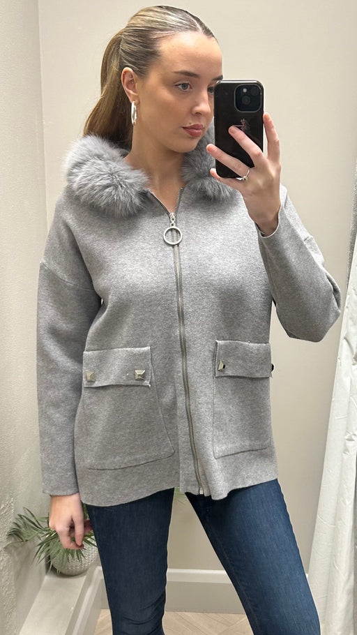 Grey hooded zip fur hood coatigan