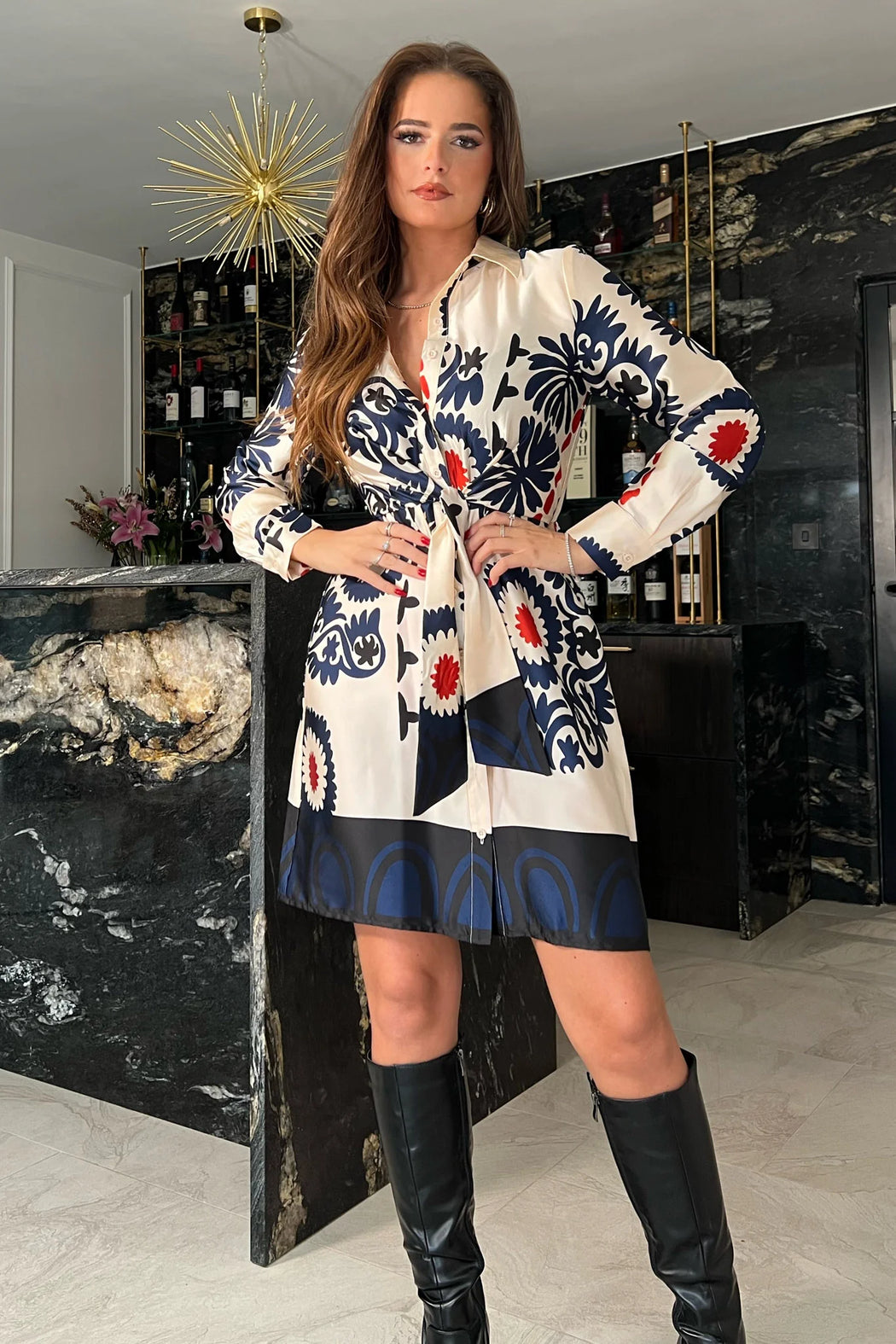 Verity navy Tie Detail Long Sleeves Mini Shirt Dress Therapy Boutique Womens Clothing Ireland