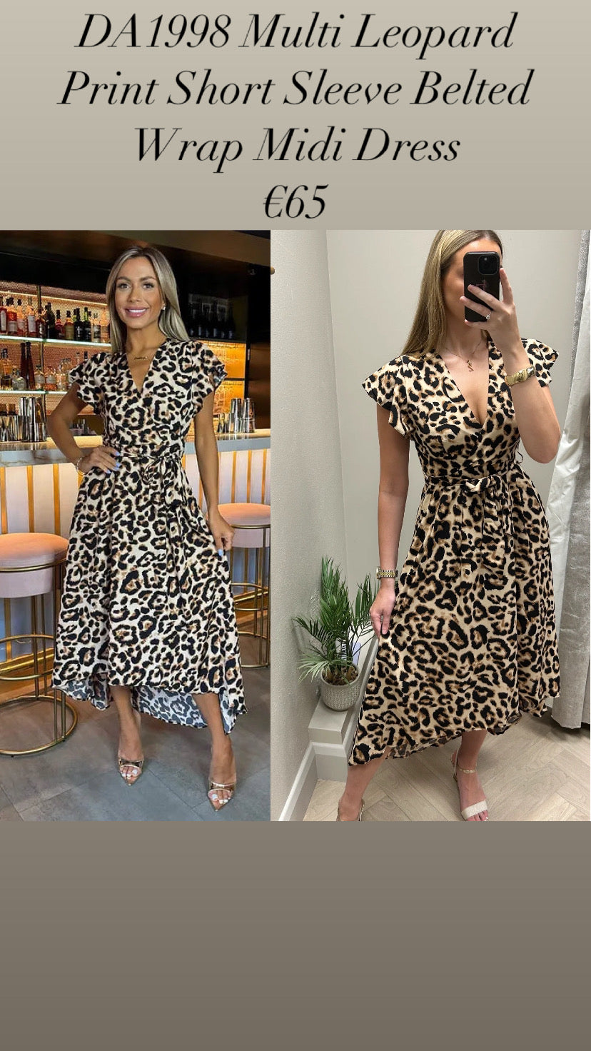 DA1998 Multi Leopard Print Short Sleeve Belted Wrap Midi Dress