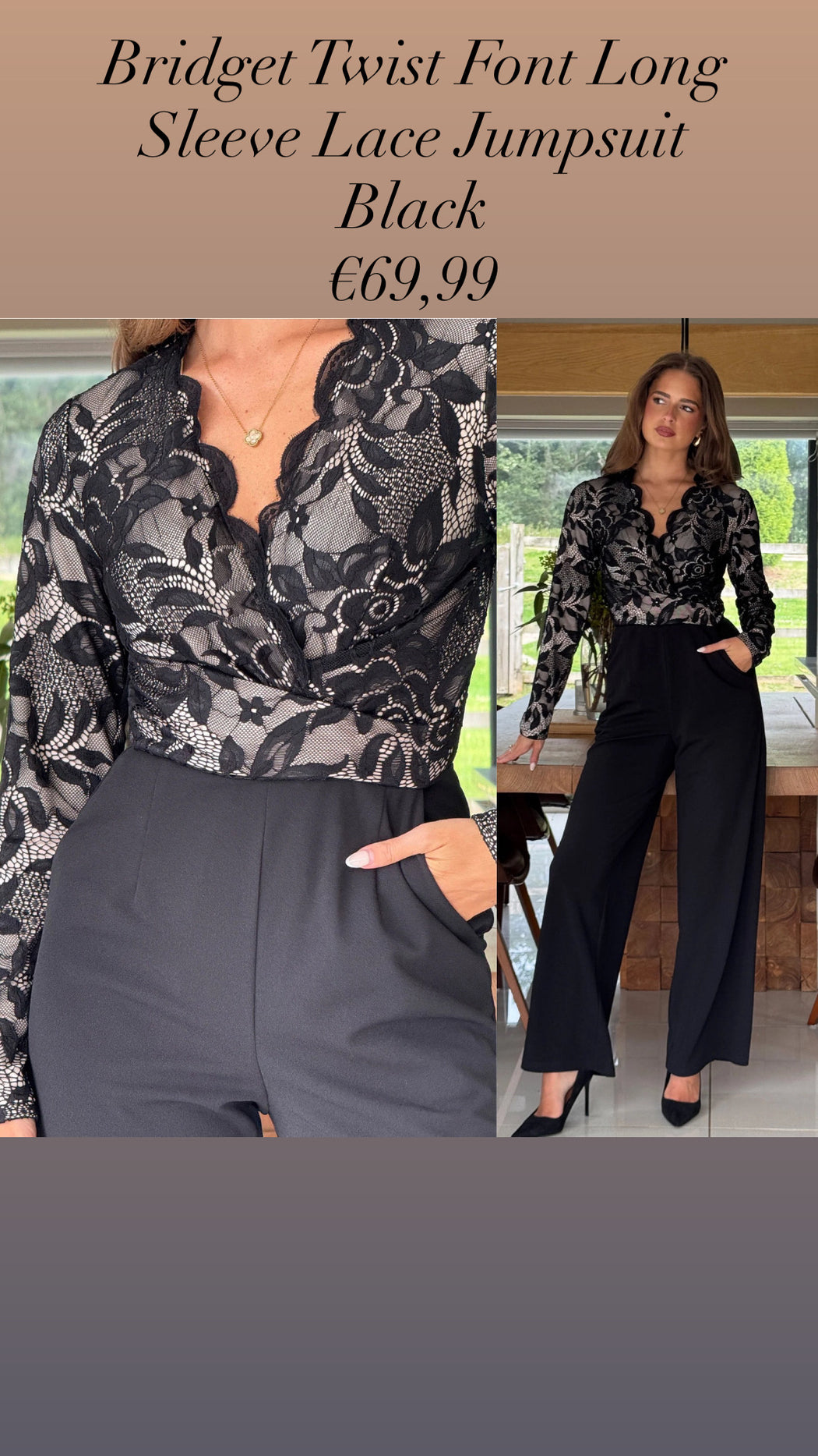 Bridget Twist Font Long Sleeve Lace Jumpsuit Black