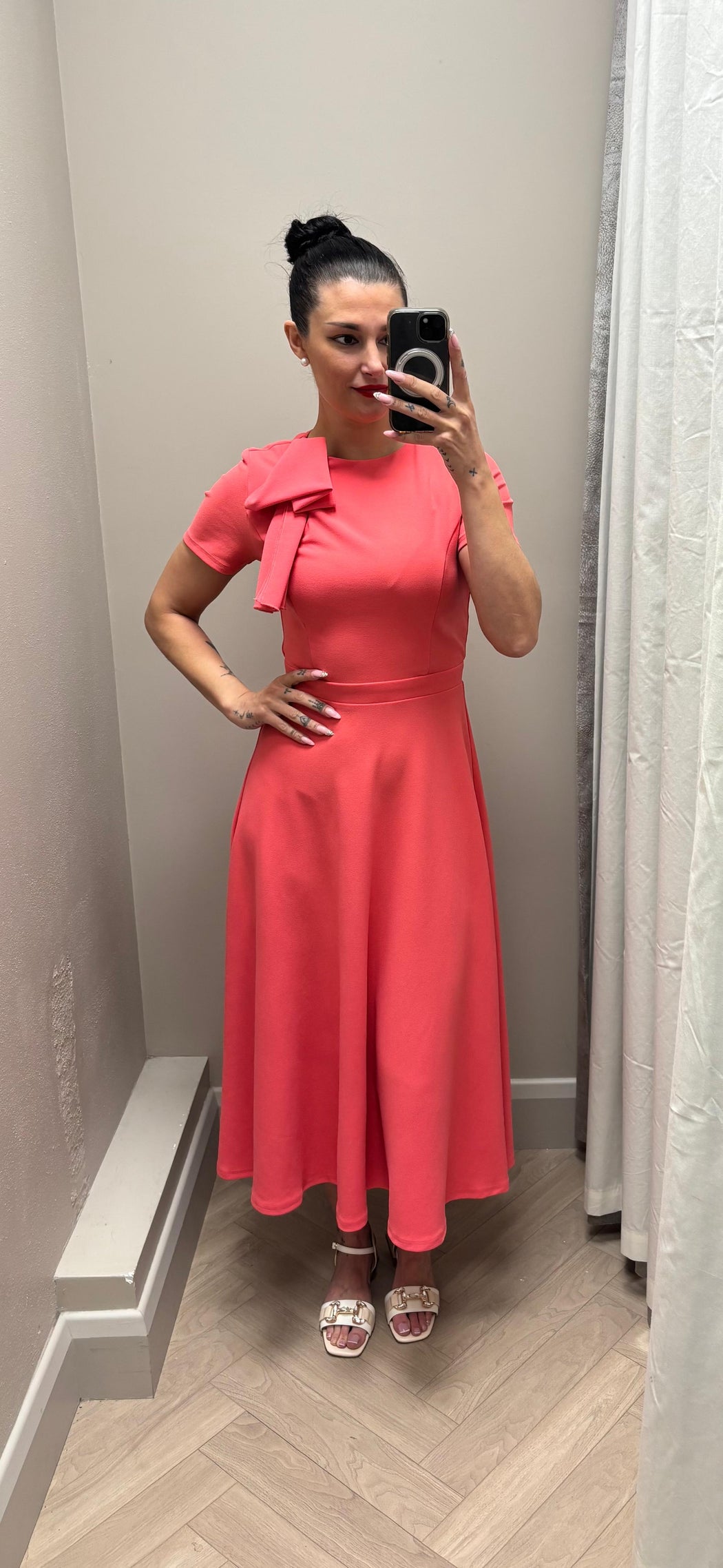 Minta Bow Detail Short Sleeve Midi Dress Coral