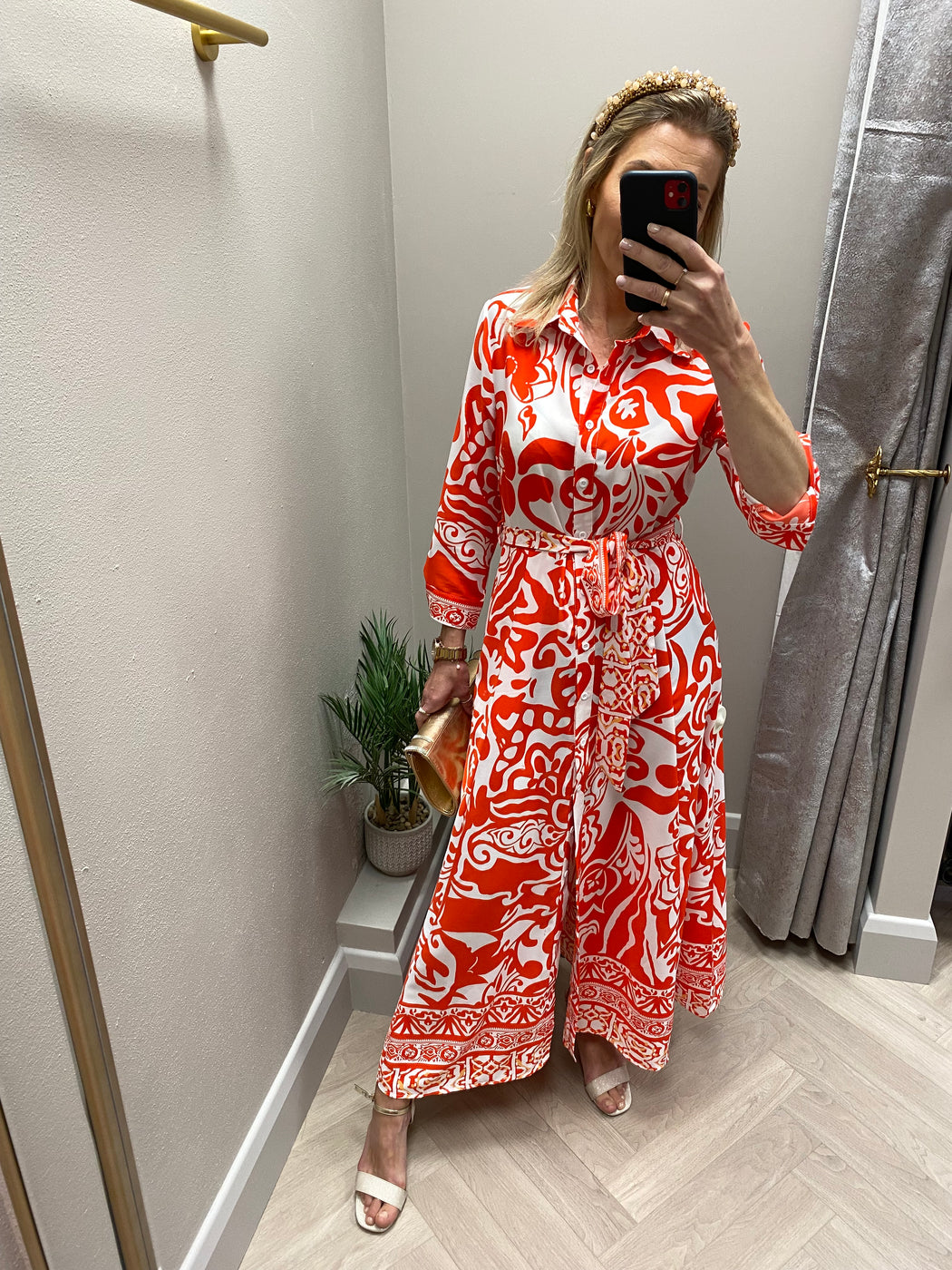 Angela Red Print Shirt Maxi Dress