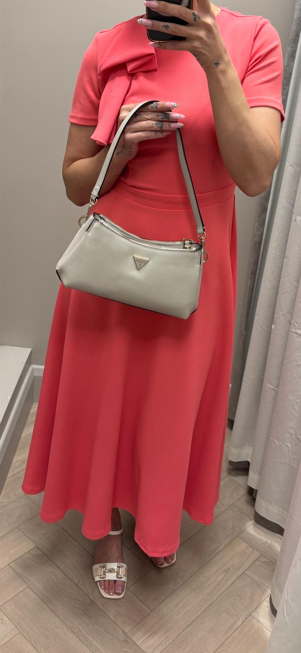 Minta Bow Detail Short Sleeve Midi Dress Coral