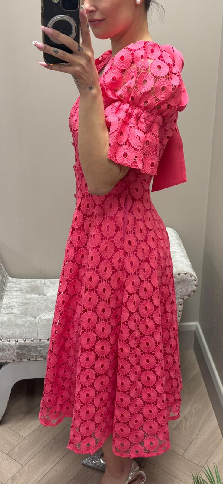 CALLIE PUFF SLEEVE FUSCHIA PINK LACE DRESS