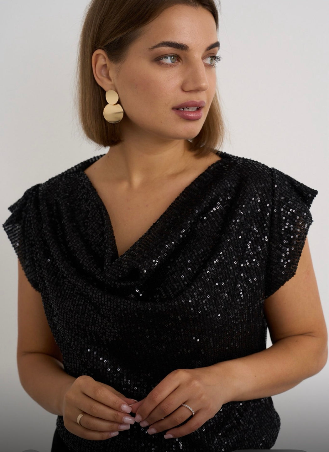 Black sequin cowl neck top