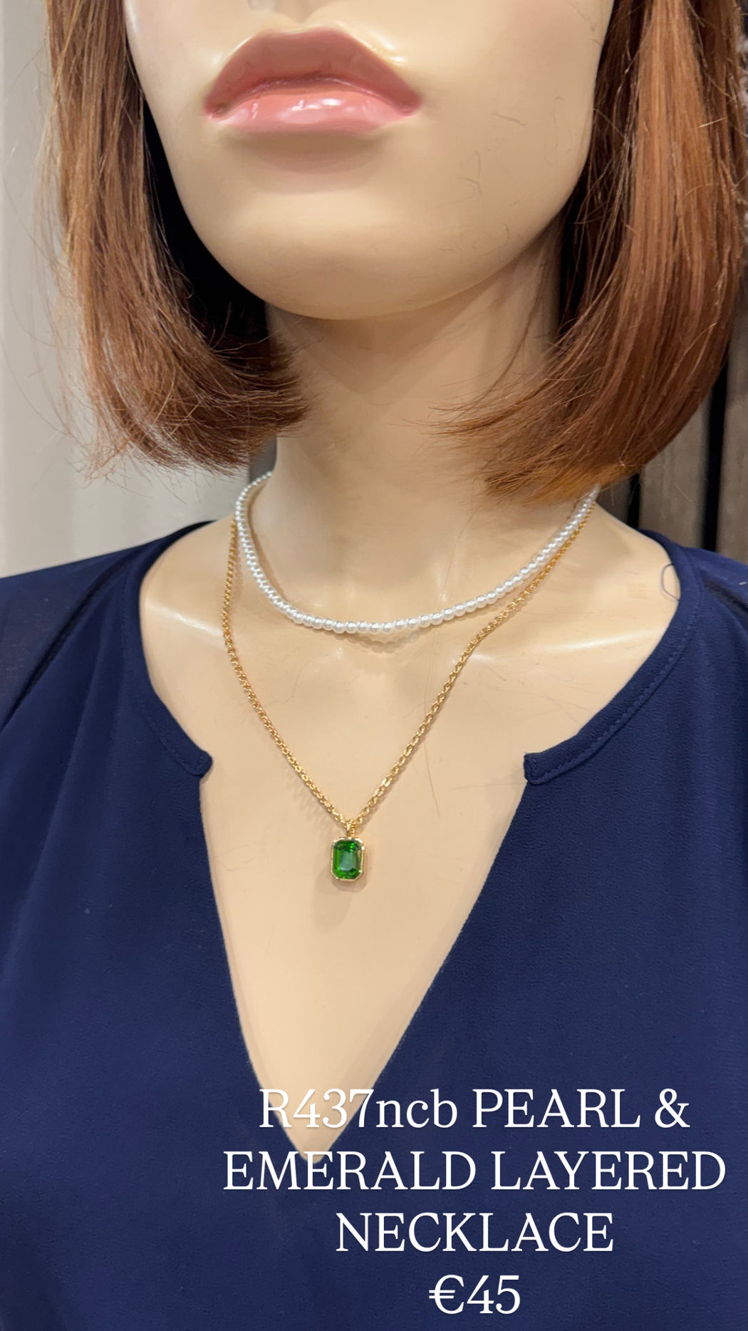 R437ncb PEARL & EMERALD LAYERED NECKLACE