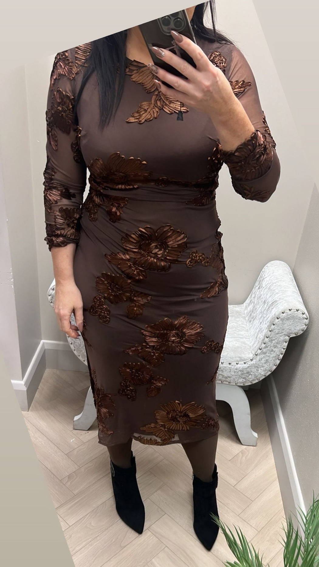 Elodie Floral Embroidered Mesh Bodycon Dress Brown