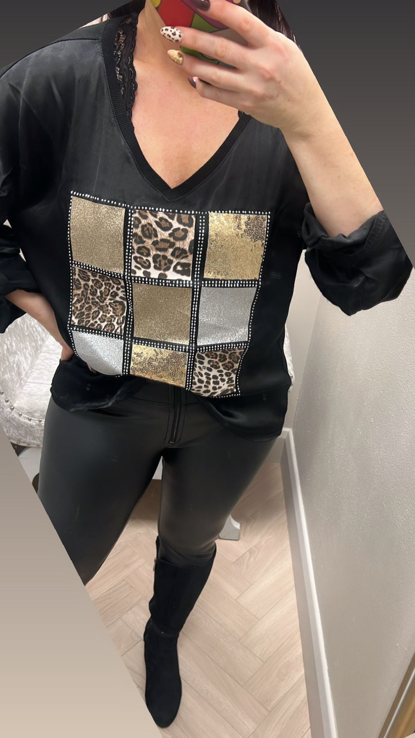 Black satin leopard top