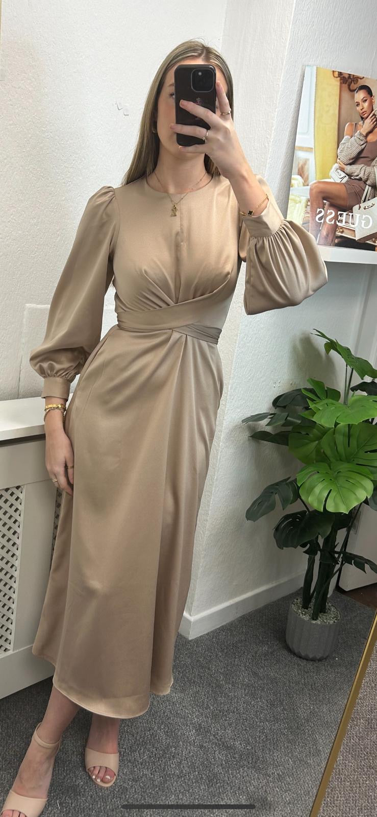 D9962 closet mocha tie waist a line dress