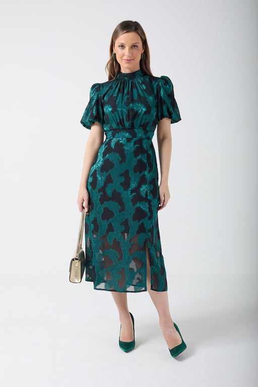 GREEN BROCADE PUFF SLEEVE DRESS