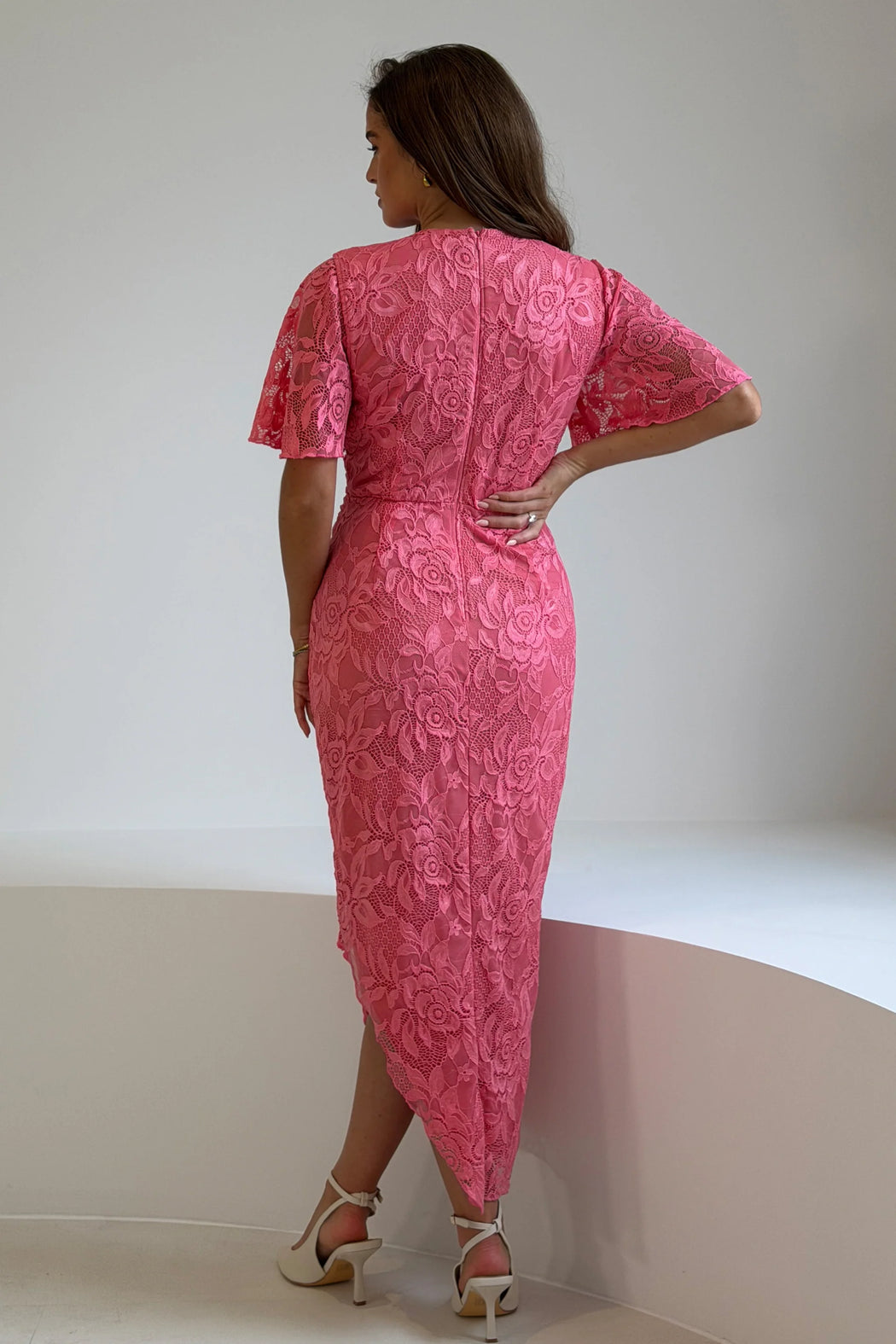 Natasha Angel Sleeve Wrap Midi Dress In Pink Lace