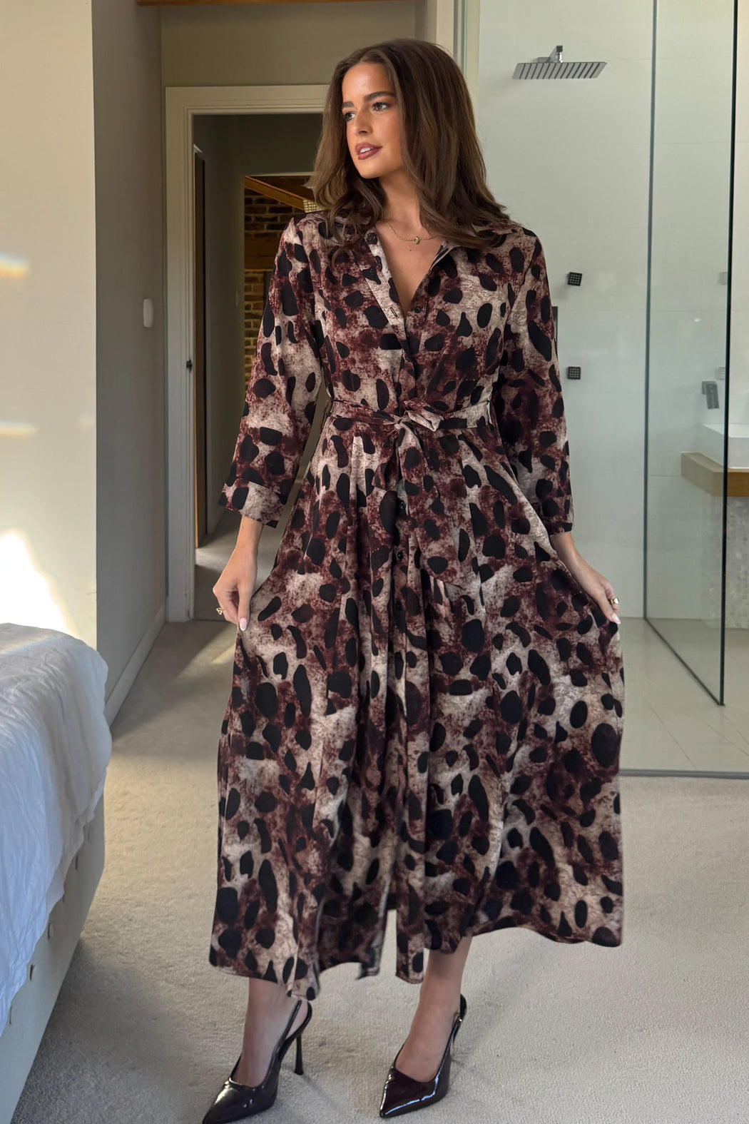 Angela Long Sleeve Maxi Shirt Dress Brown