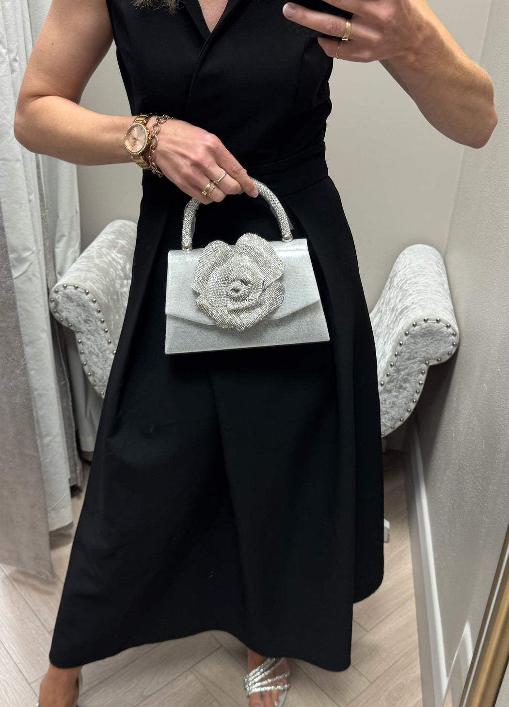 Rhinestone rose flower silver bag