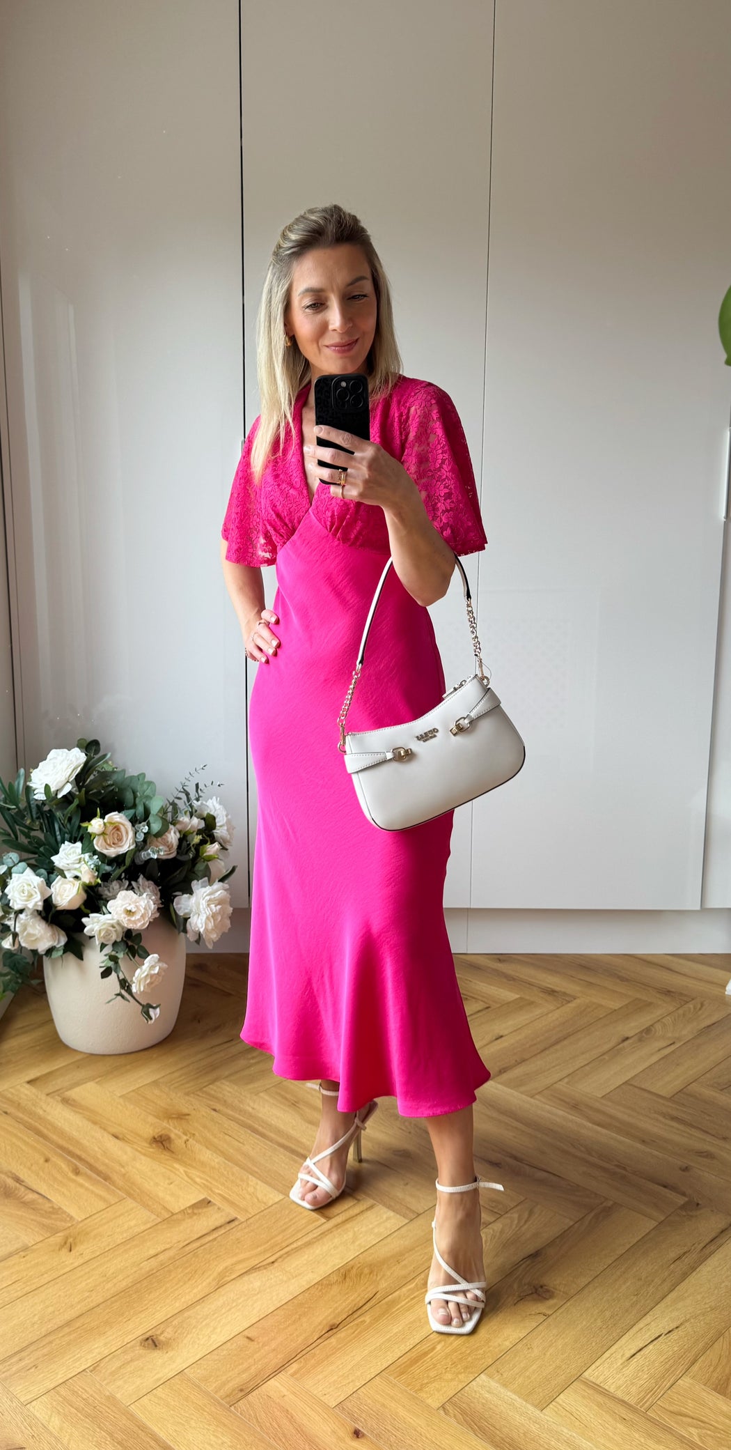 Pink Lace Satin Midi Dress