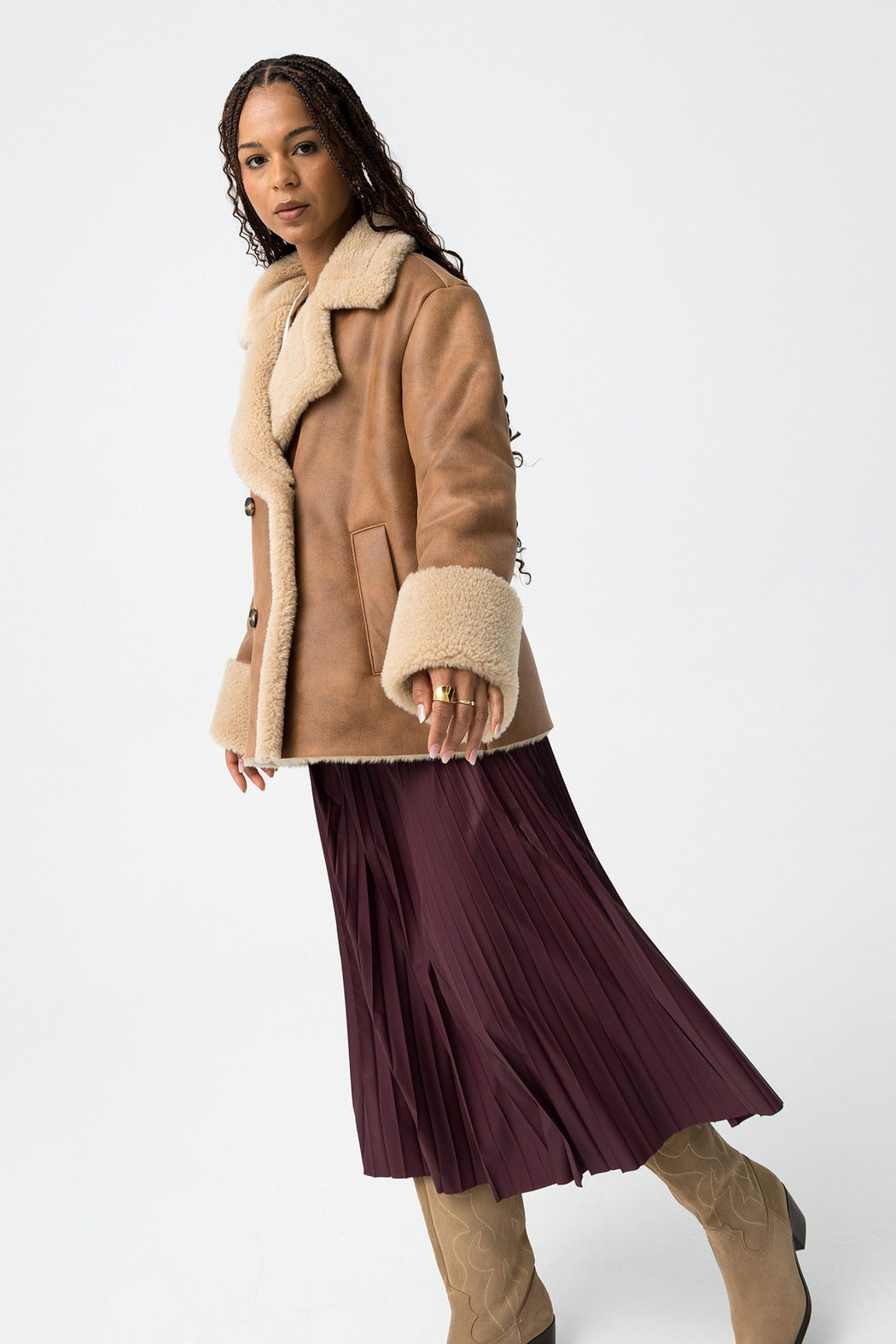 Kyoto wine pleated faux leather skirt