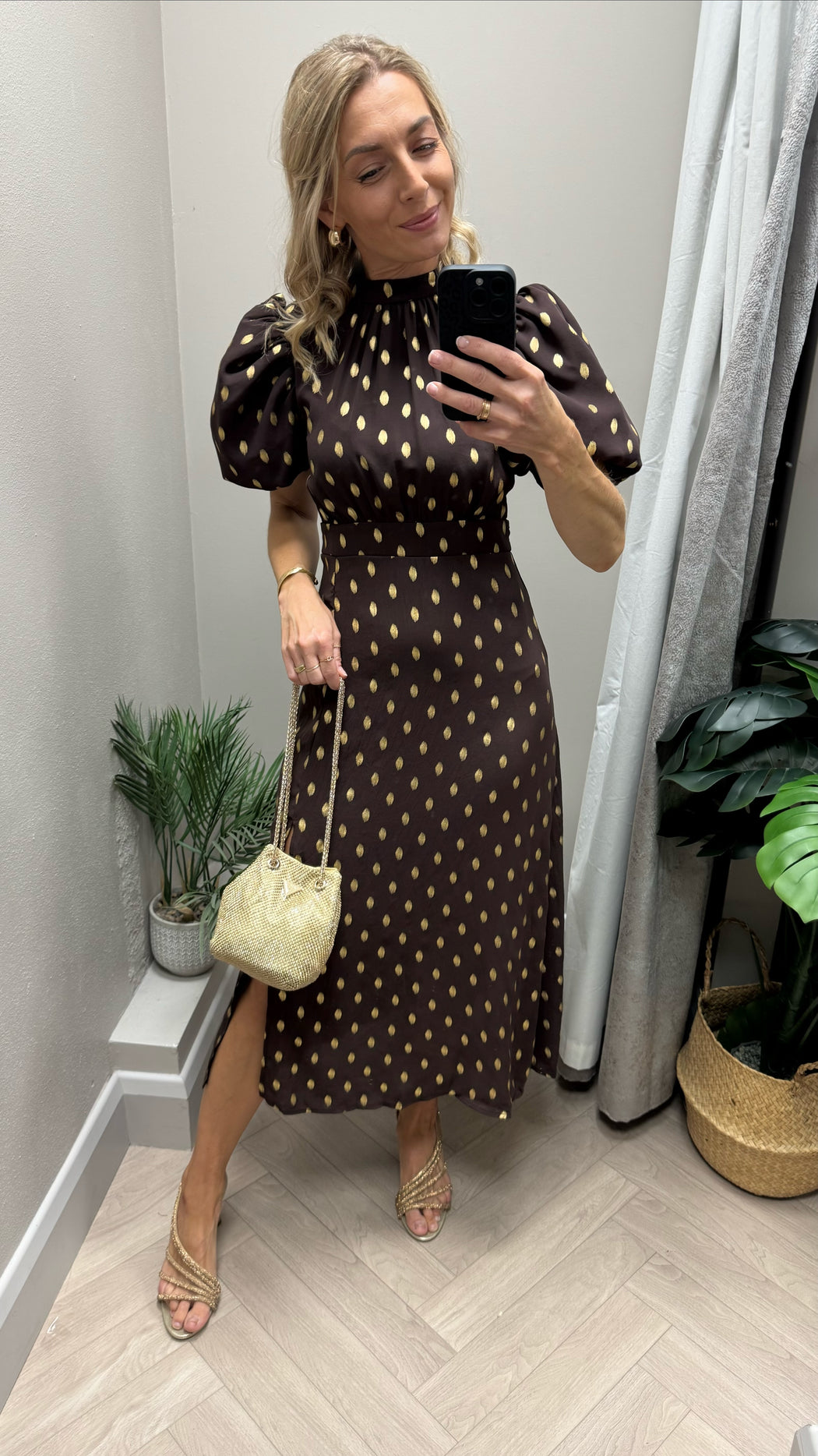 Lilith Brown & Gold Puff Sleeve High Neck Midi Dress