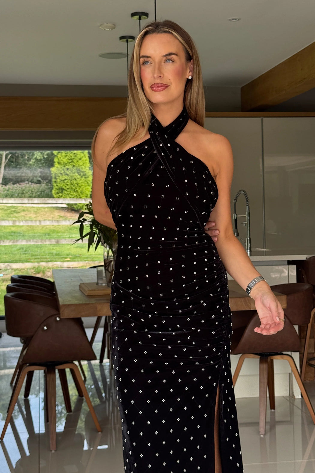 Bessie Halter Neck Side Split Midi Dress Beaded Velvet