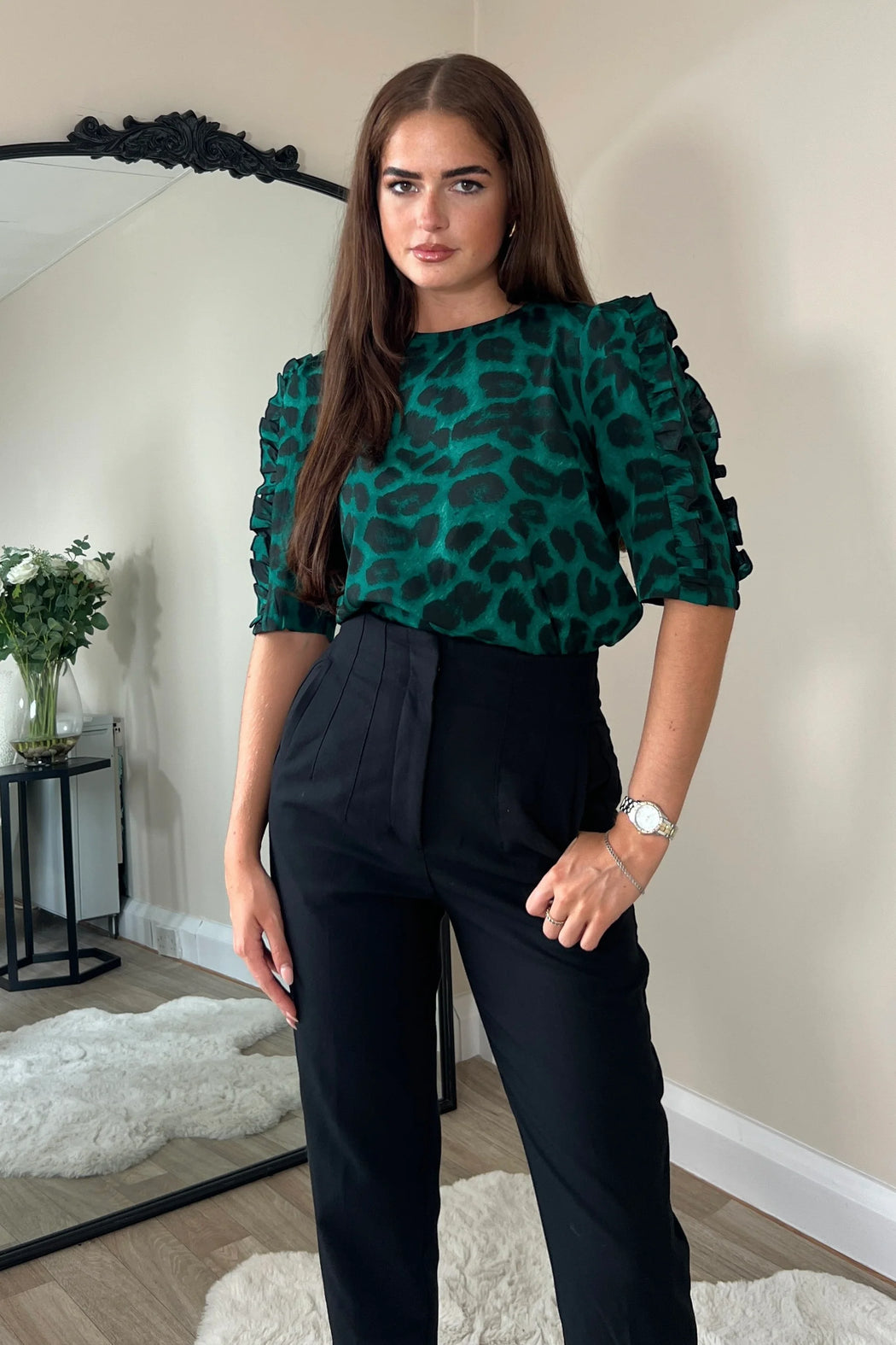 Asher Green Animal Frill Sleeve Top