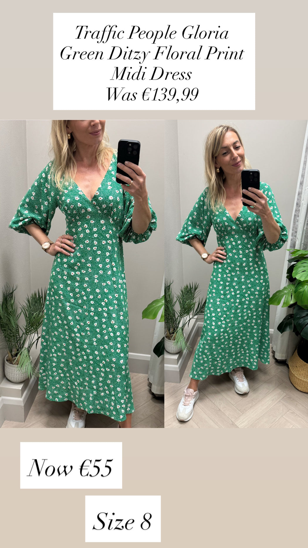 Traffic People Gloria Green  Ditzy Floral Print Midi Dress