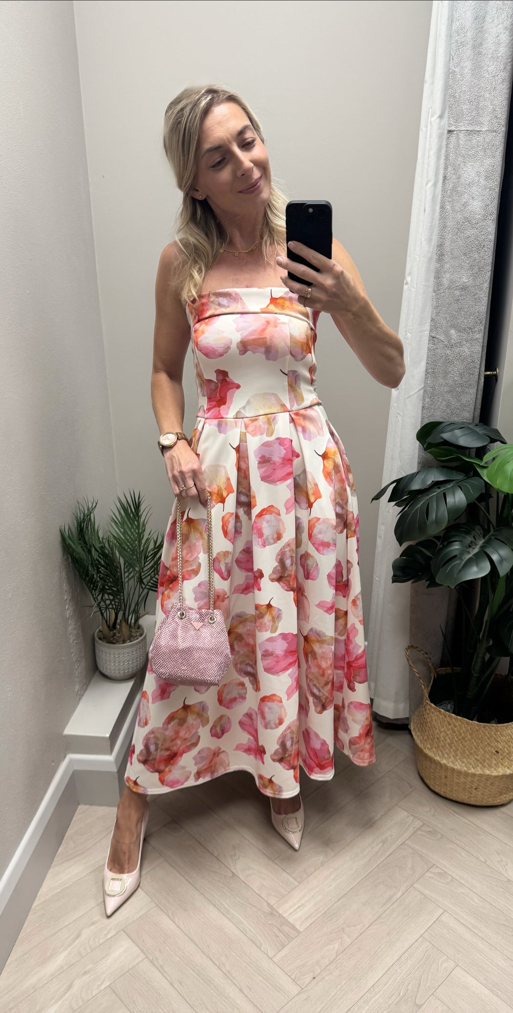 Danni Strapless Bandeau Midi Dress Pink Floral