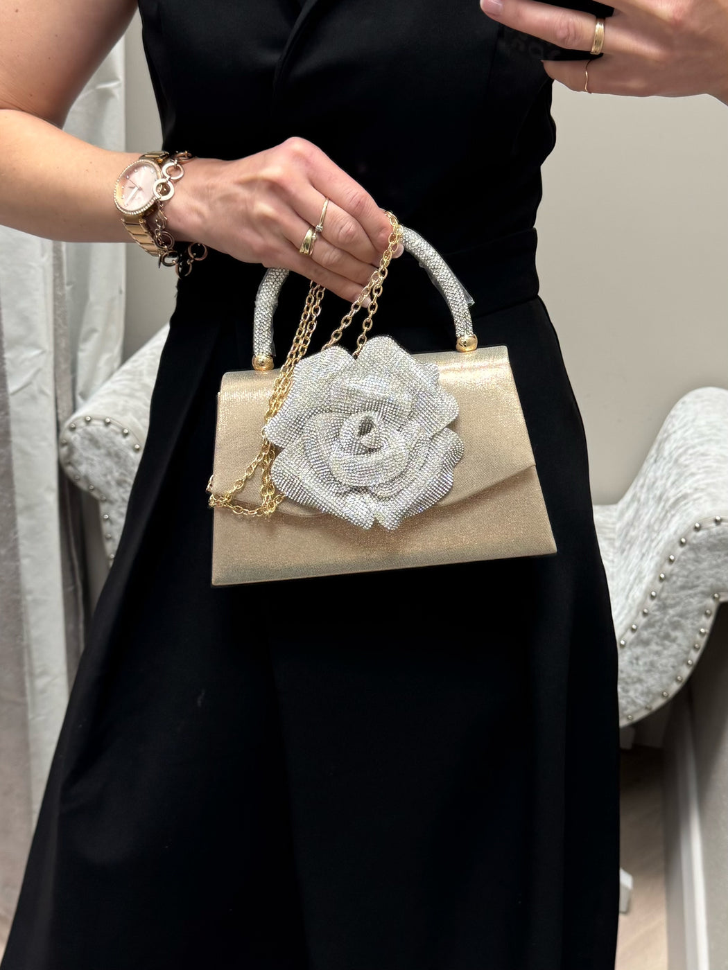 Rhinestone rose flower gold bag
