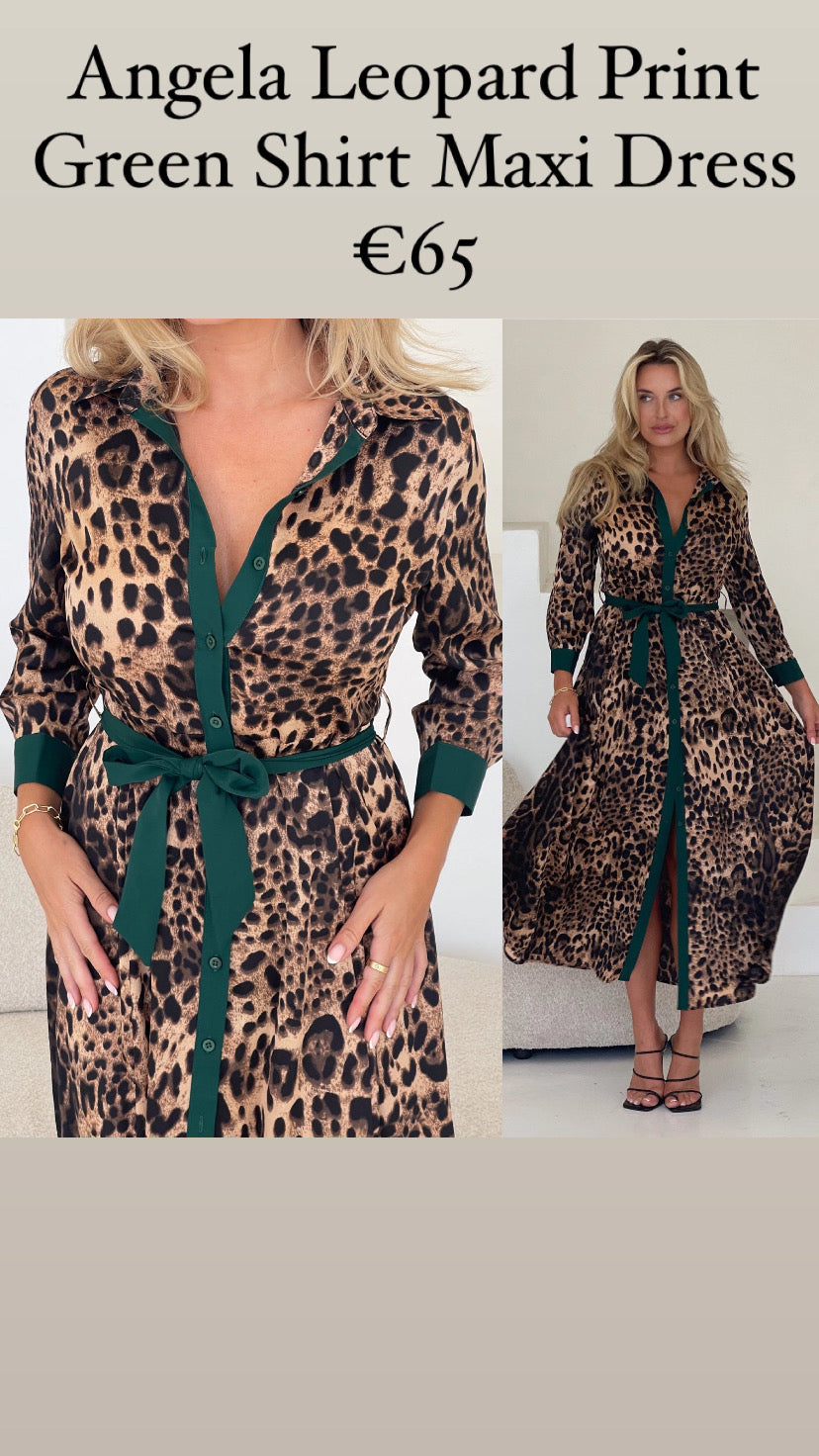 Angela Leopard Print Green Shirt Maxi Dress