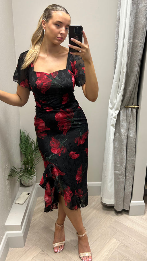 Heidi Black And Red Floral Ruched Midi Dress