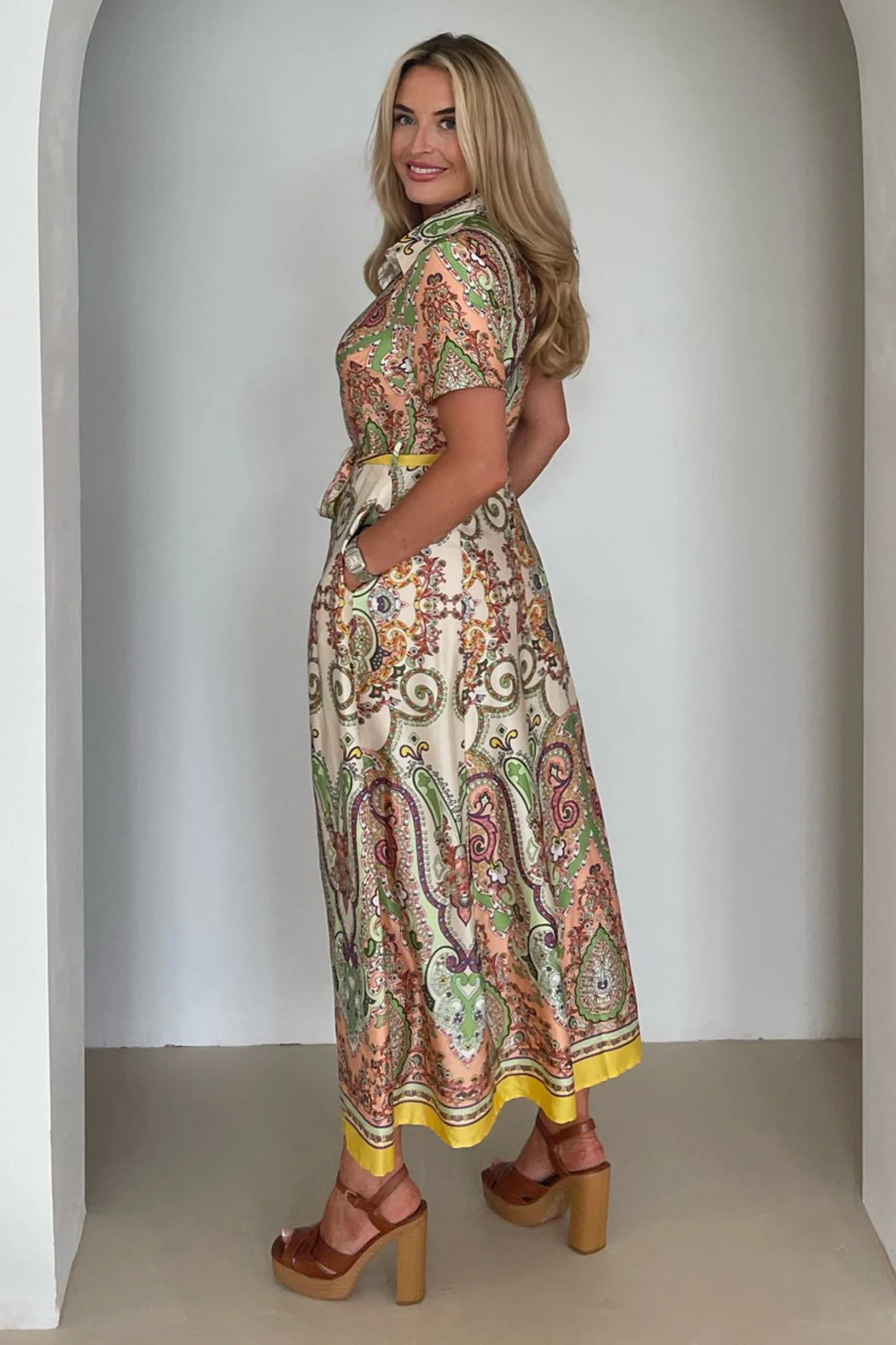 Aurora Maxi Green Border Print Shirt Dress