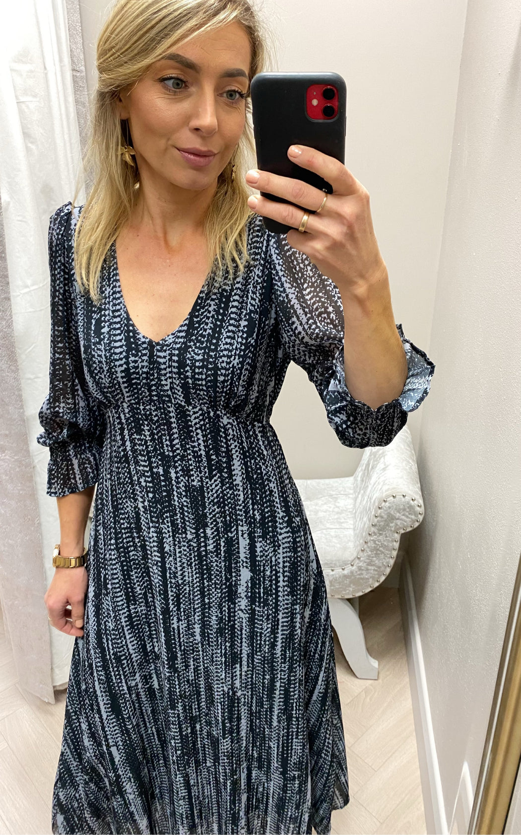 STREASA BLACK GREY PRINT MIDI DRESS