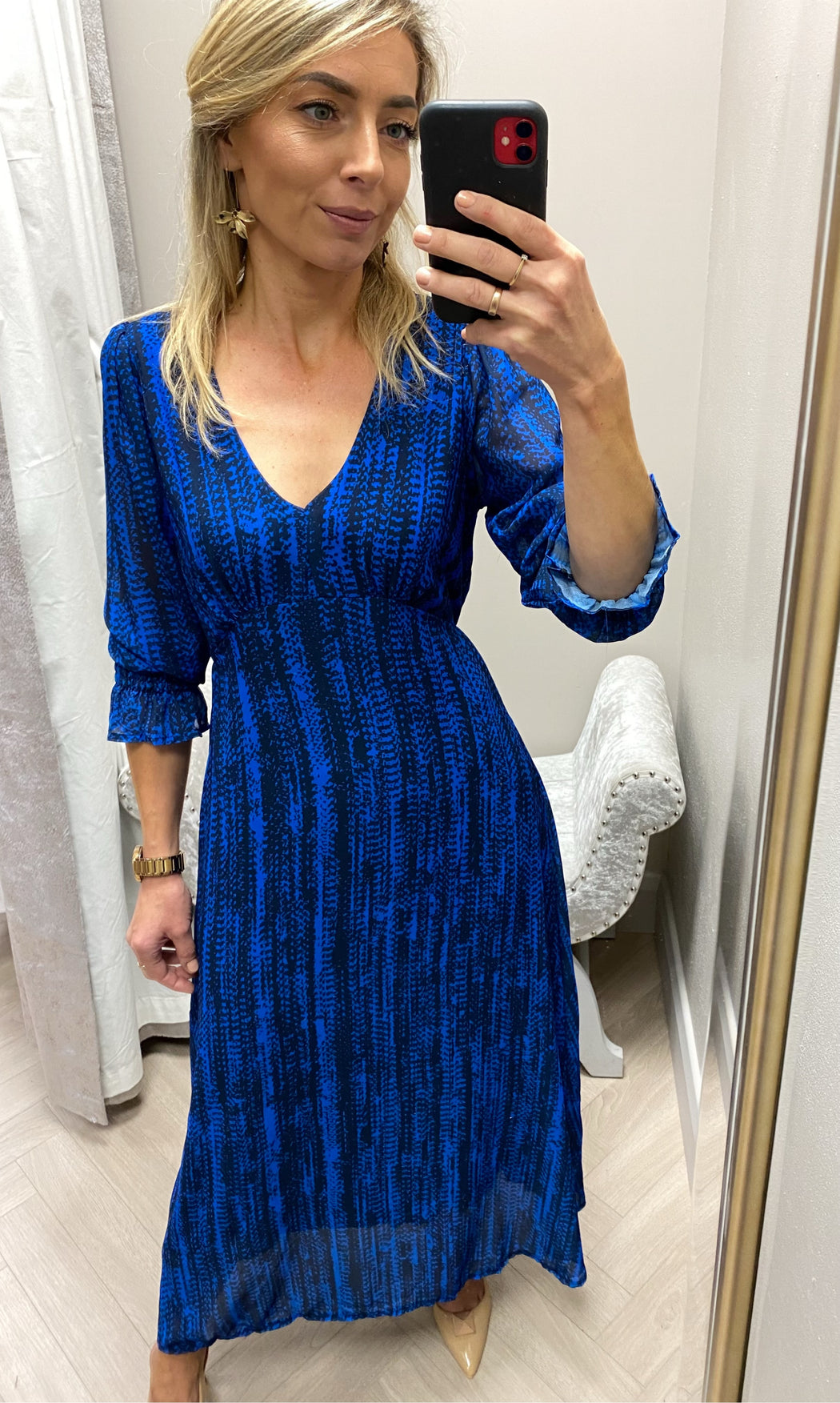 STREASA BLUE PRINT MIDI DRESS