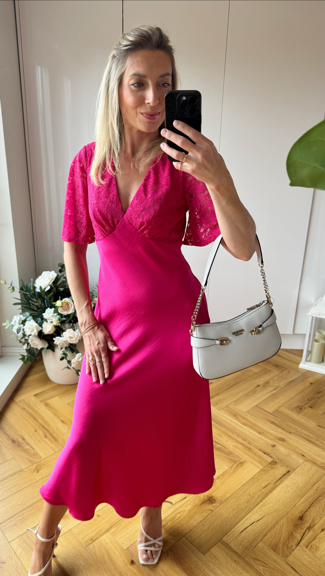 Pink Lace Satin Midi Dress