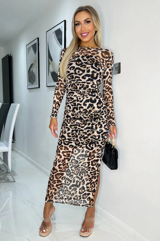 Rt368 Multi Leopard Print Mesh Bodycon Midi Dress