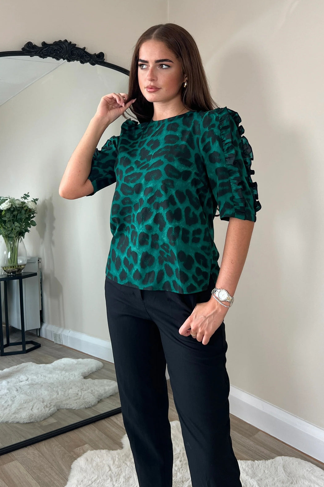 Asher Green Animal Frill Sleeve Top