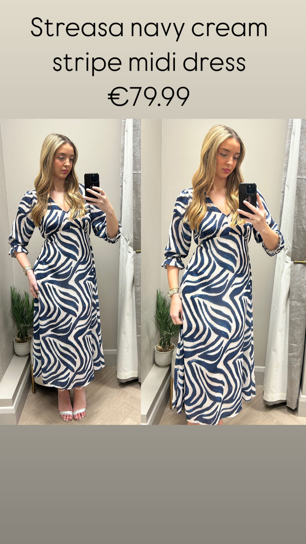 Streasa navy cream stripe midi dress