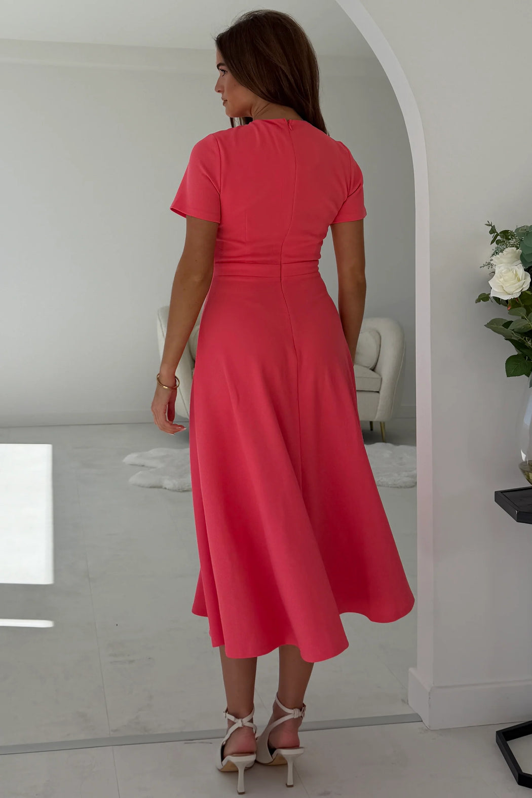 Minta Bow Detail Short Sleeve Midi Dress Coral