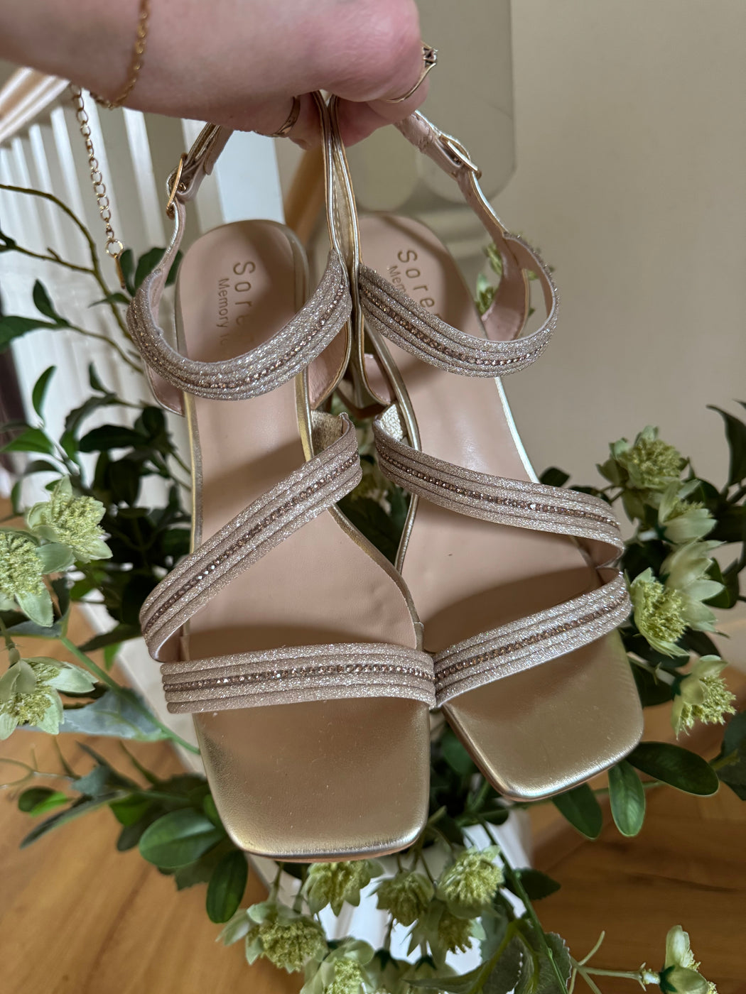 Brooklyns Gold block heel Bling Sandals