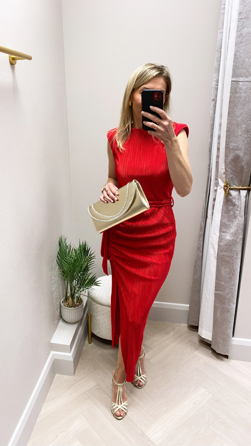 Elena  red Ruched seamed Midi Dress