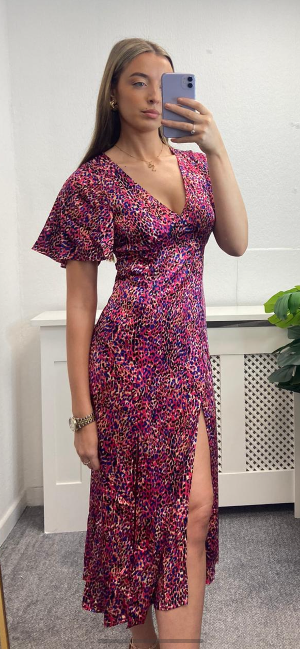 Levi Purple Animal Print Angel Sleeve Split Leg Midi Dress