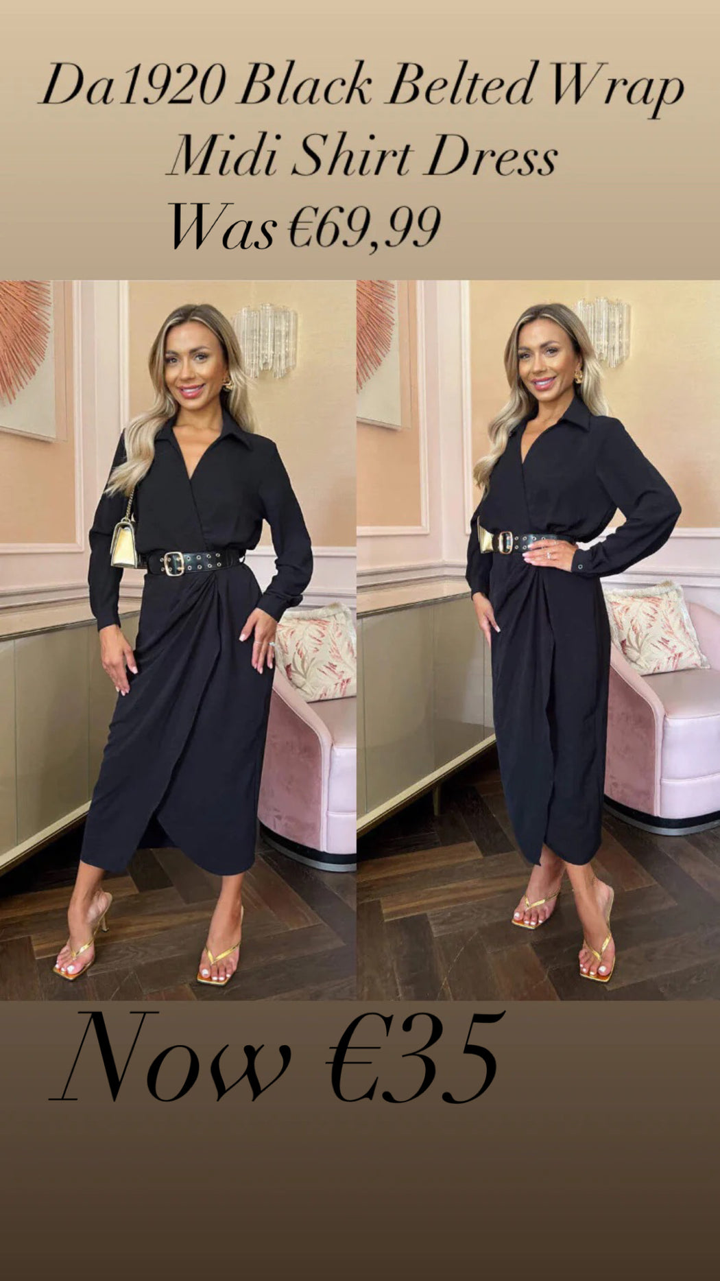 Da1920 Black Belted Wrap Midi Shirt Dress