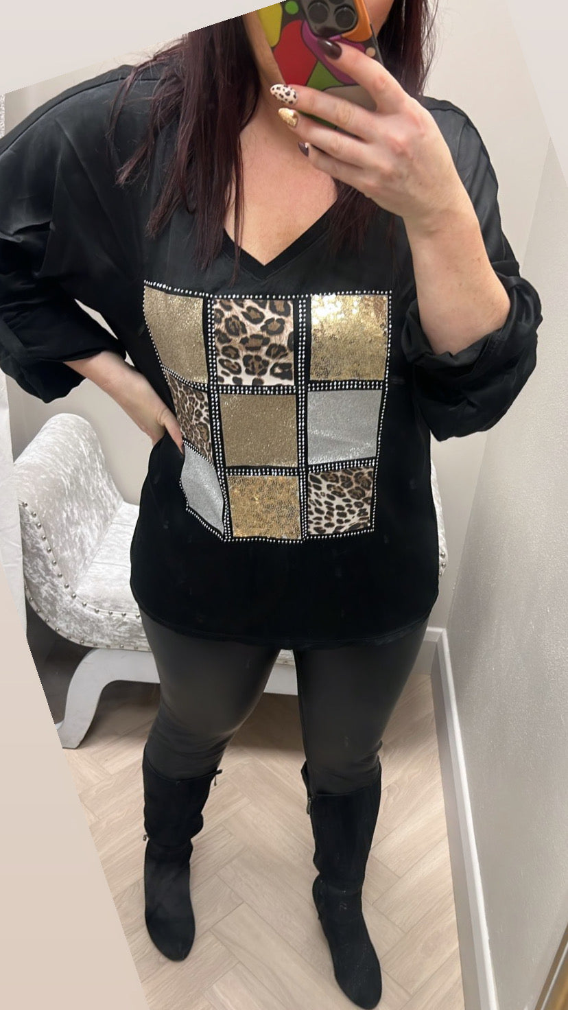 Black satin leopard top