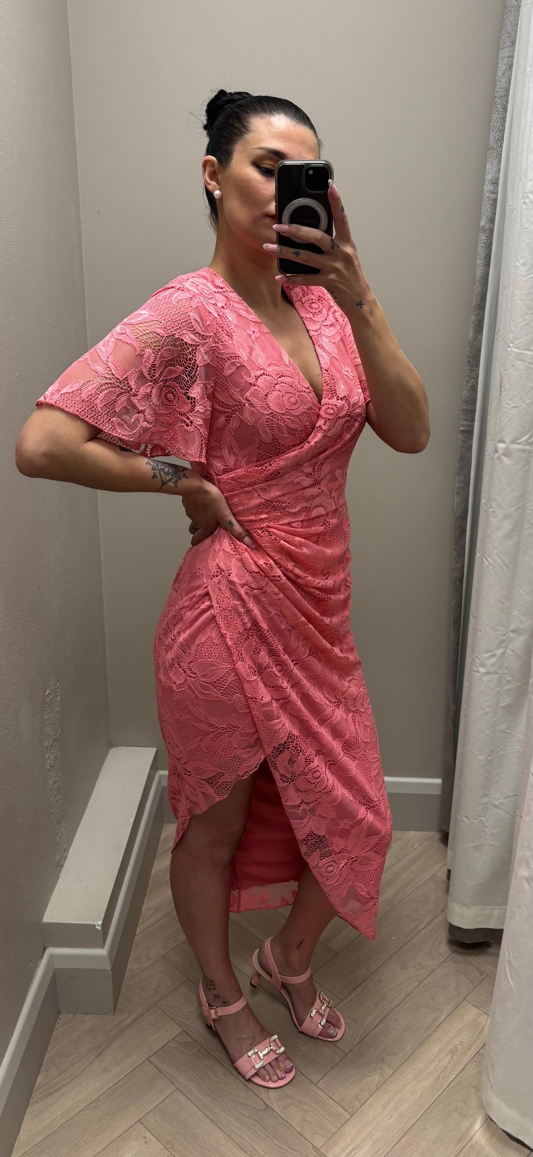 Natasha Angel Sleeve Wrap Midi Dress In Pink Lace
