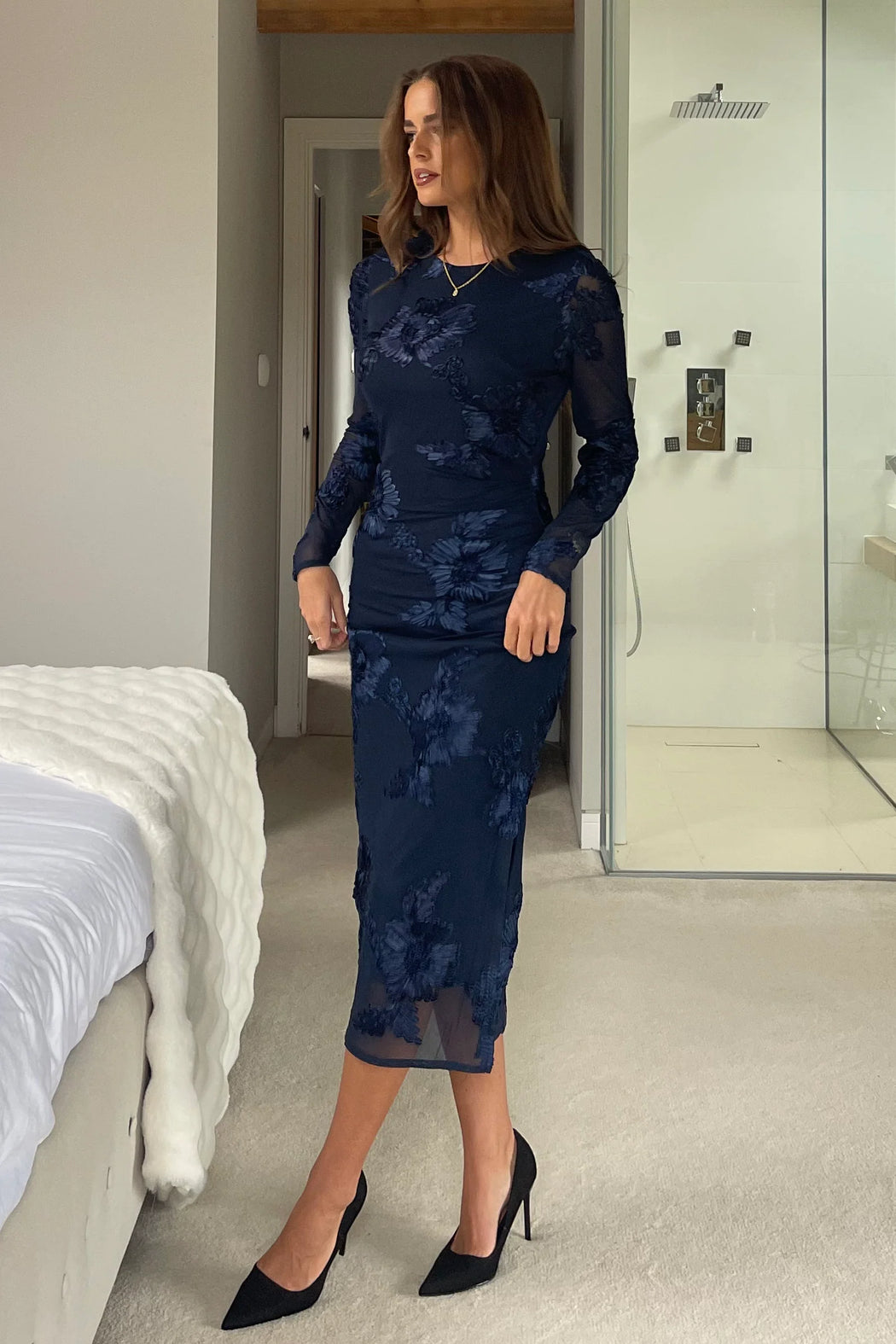 Elodie navy Floral Embroidered Mesh Bodycon Dress