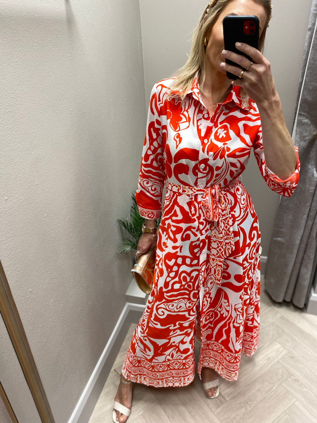 Angela Red Print Shirt Maxi Dress