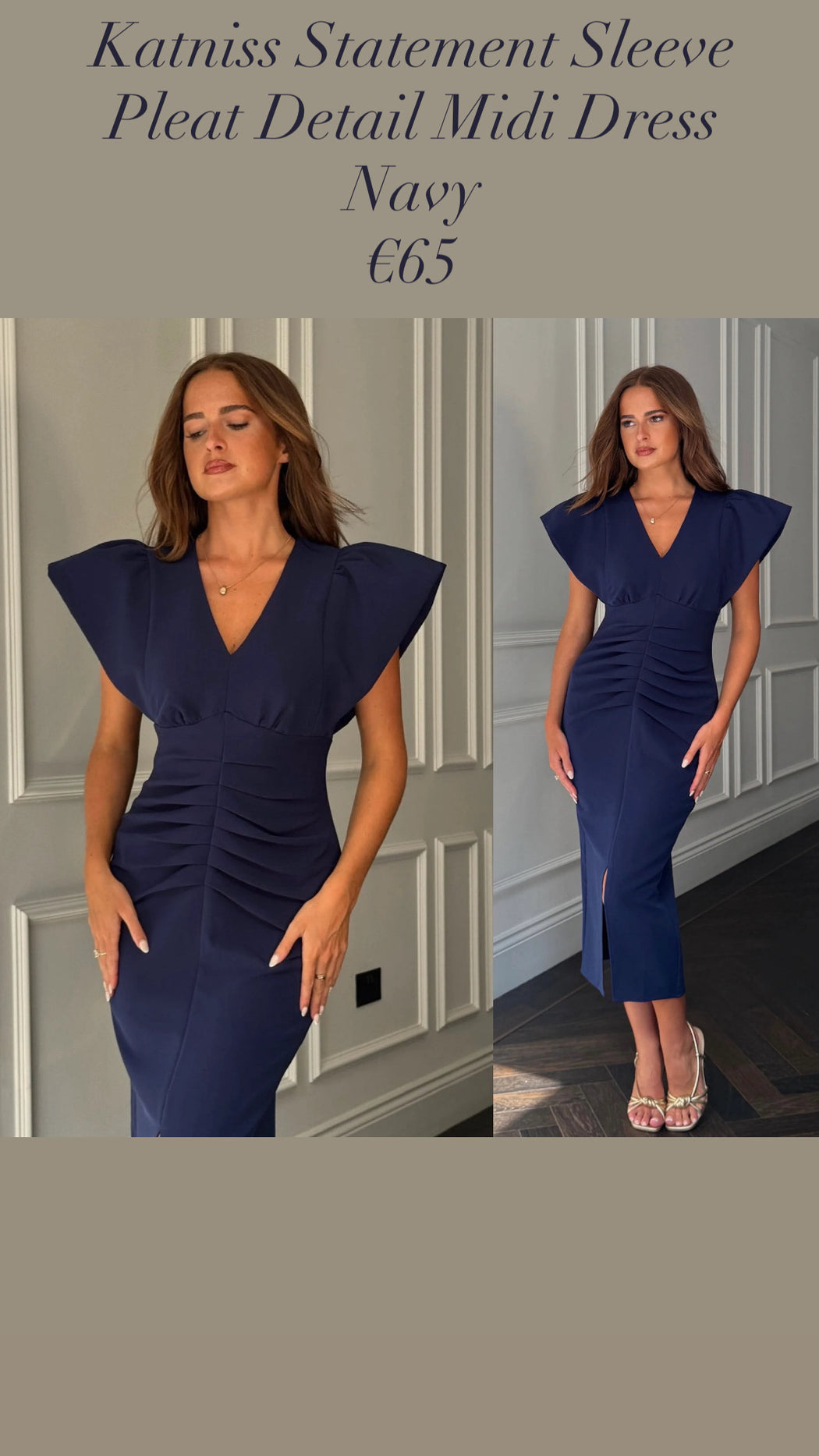 Katniss Statement Sleeve Pleat Detail Midi Dress Navy