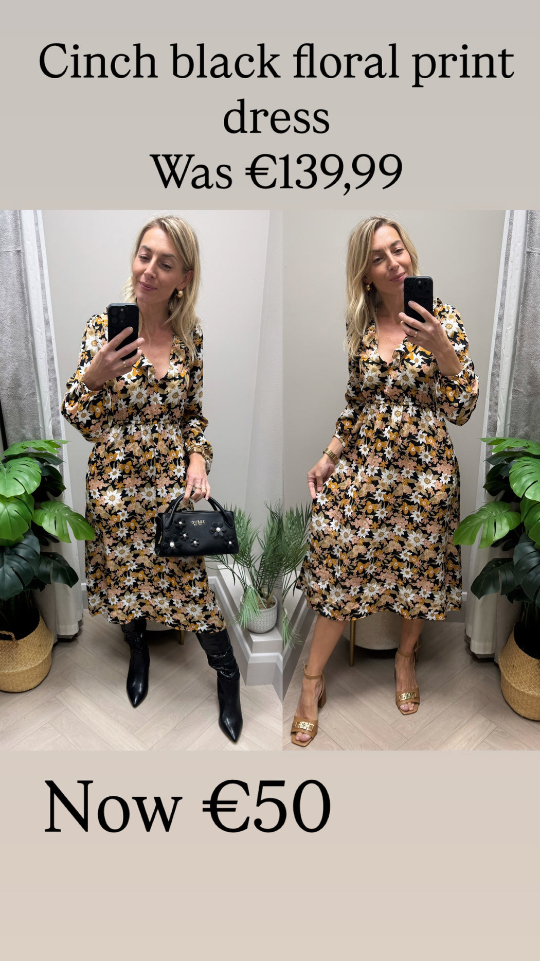 Cinch black floral print dress